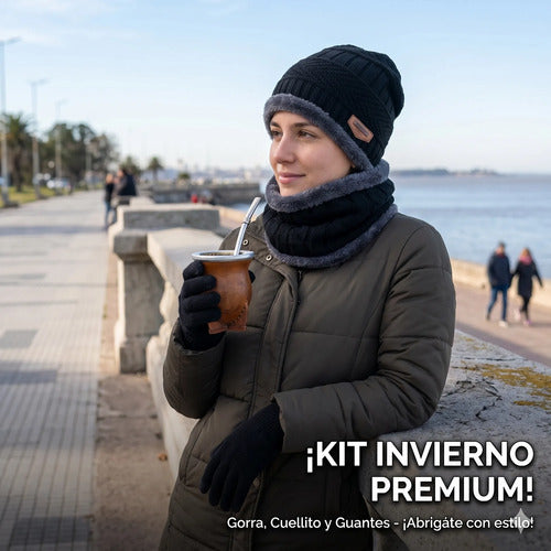 Kit Invierno 3 Pieza Gorro | Cuello | Guantes Termico Unisex Negro Liso