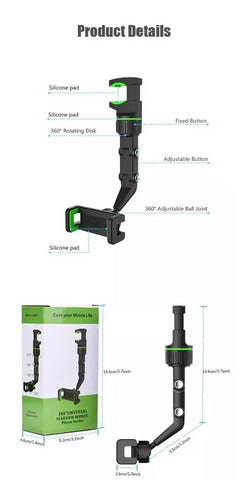 Soporte Celular Universal Espejo Retrovisor Clip Ajuste 360° Negro - Verde