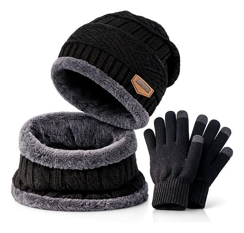 Kit Invierno 3 Pieza Gorro | Cuello | Guantes Termico Unisex Negro Liso