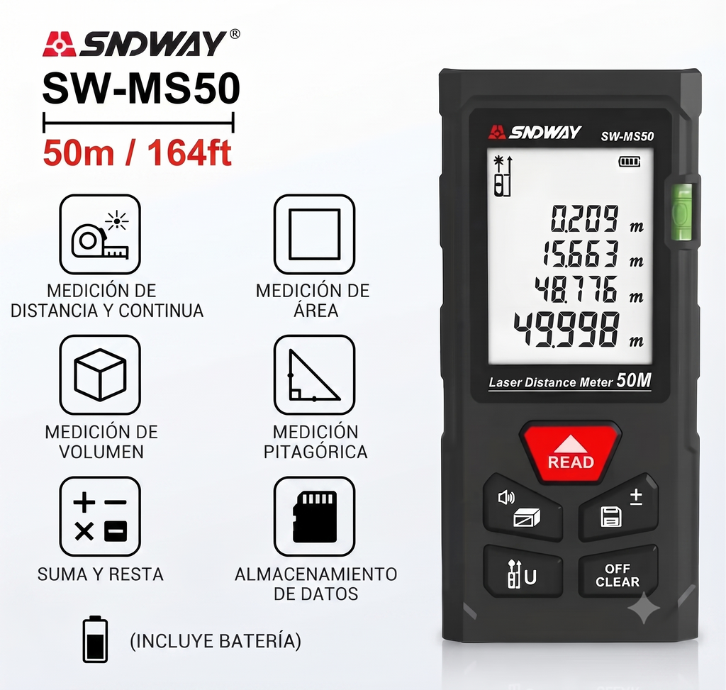 Distanciómetro Láser Sndway Sw-ms100 50 M Medidor Digital